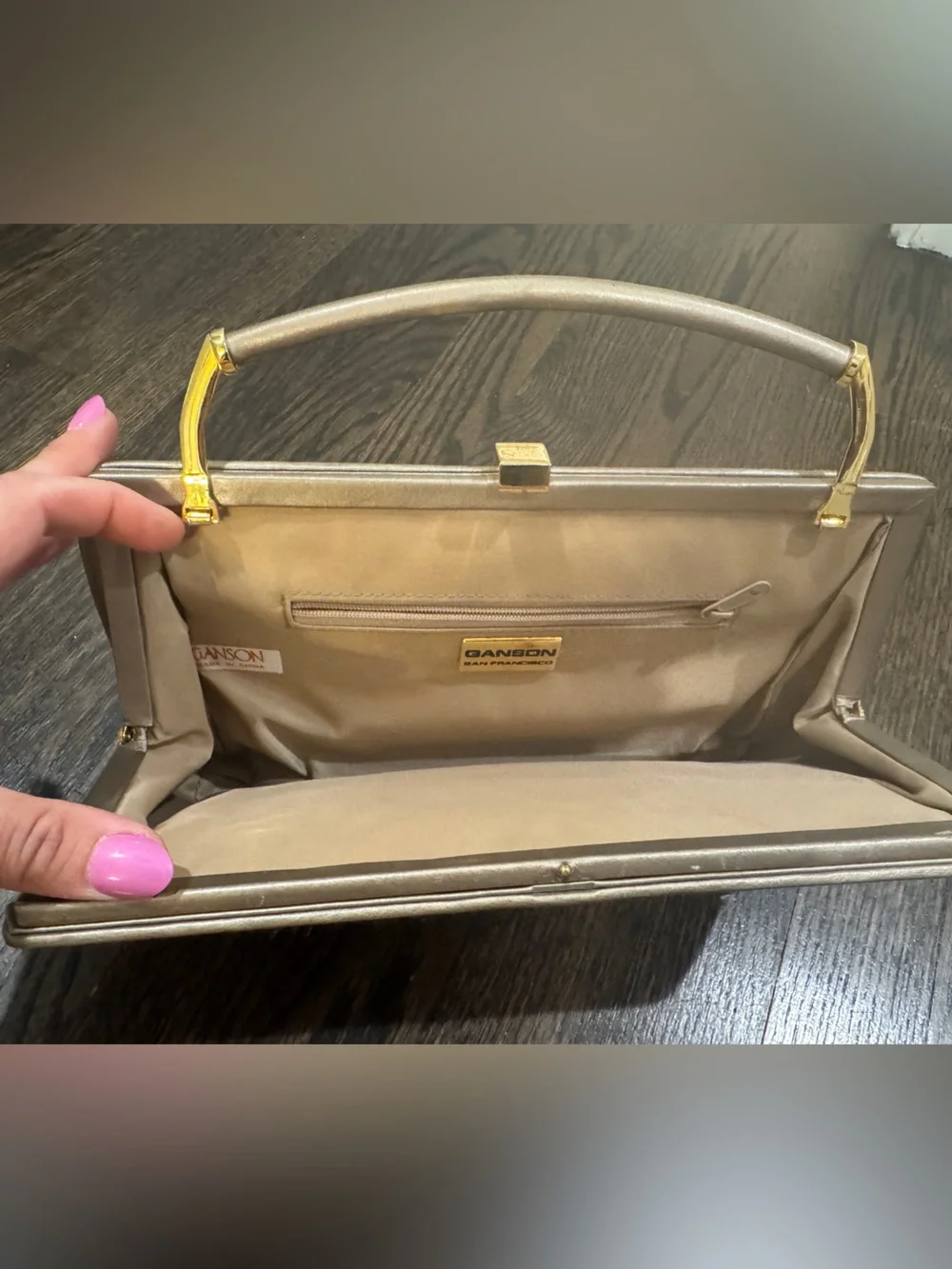 Vintage Ganson Metallic Woven Top Handle Clutch Purse Champagne Gold Evening Bag